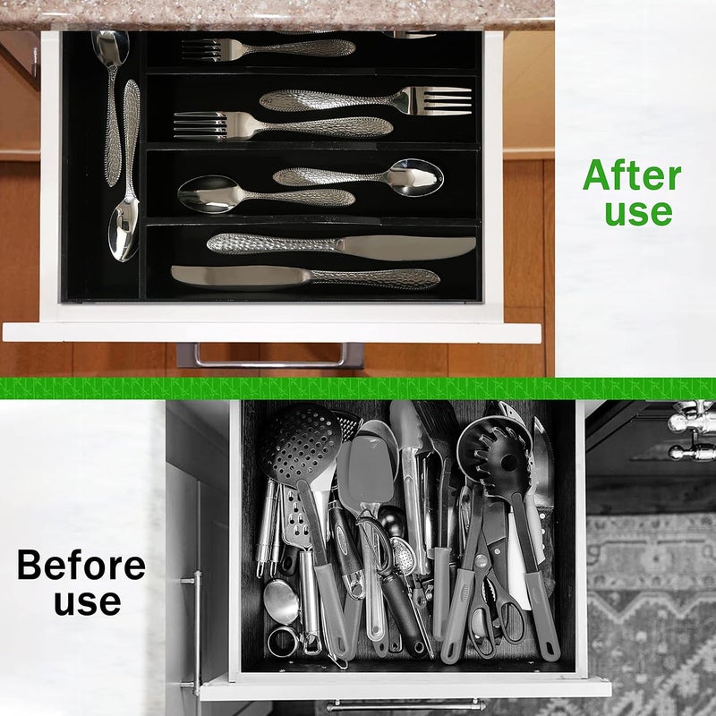 Greenual 2 Pack Black Silverware Organizer 10 In Utensil Organizer Silverware Tray for Drawer Cutlery Flatware Organizer for Kitchen Bamboo Wood - Image 3